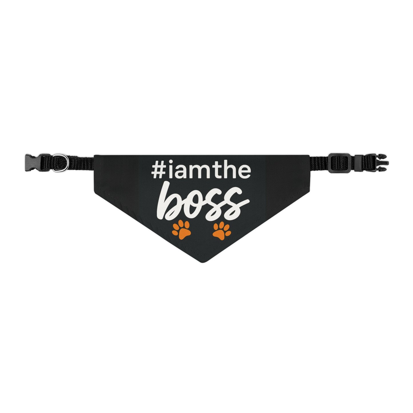 Pet Bandana Collar – "#iamtheboss" Black Dog Bandana with Paw Print Accents