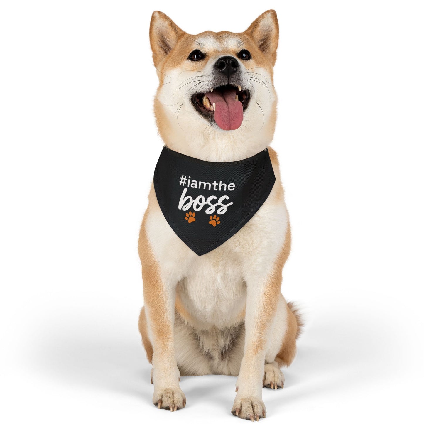 Pet Bandana Collar – "#iamtheboss" Black Dog Bandana with Paw Print Accents