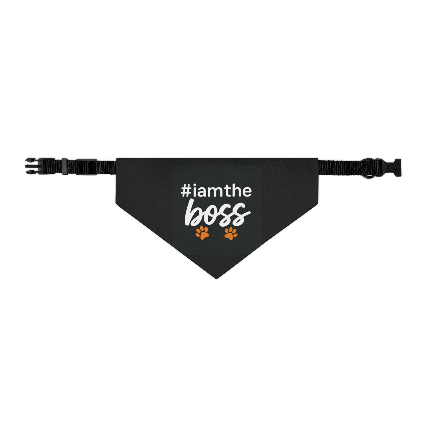 Pet Bandana Collar – "#iamtheboss" Black Dog Bandana with Paw Print Accents