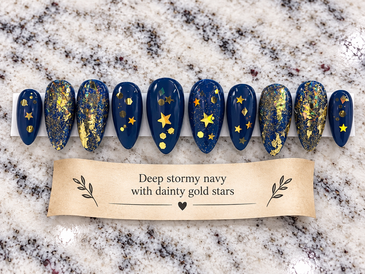 *Nail Fortunes Series* Deep Navy with Dainty Gold Stars