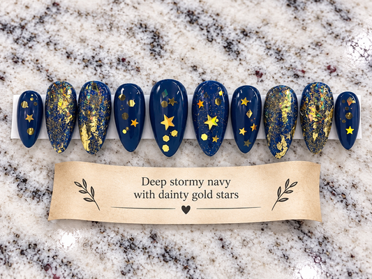 *Nail Fortunes Series* Deep Navy with Dainty Gold Stars