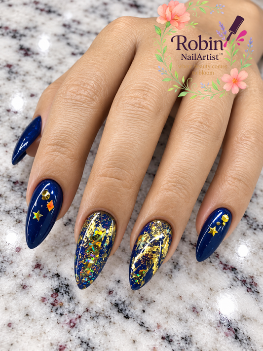 *Nail Fortunes Series* Deep Navy with Dainty Gold Stars